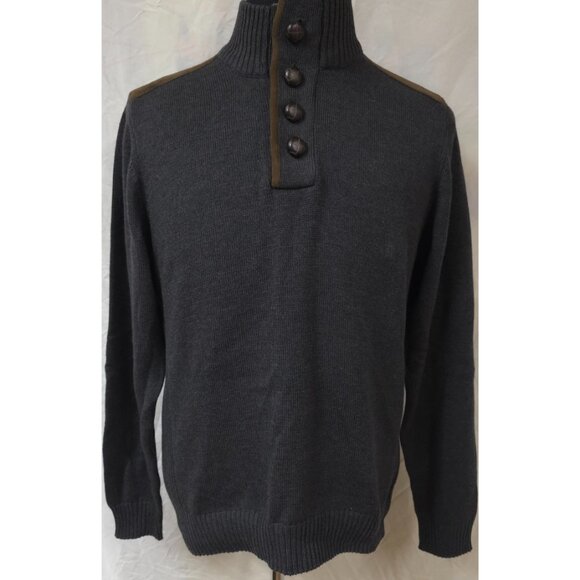 Haggar Mens Medium Grey Quarter Button Suede Trim Pullover Long Sleeve Sweater - Picture 1 of 12